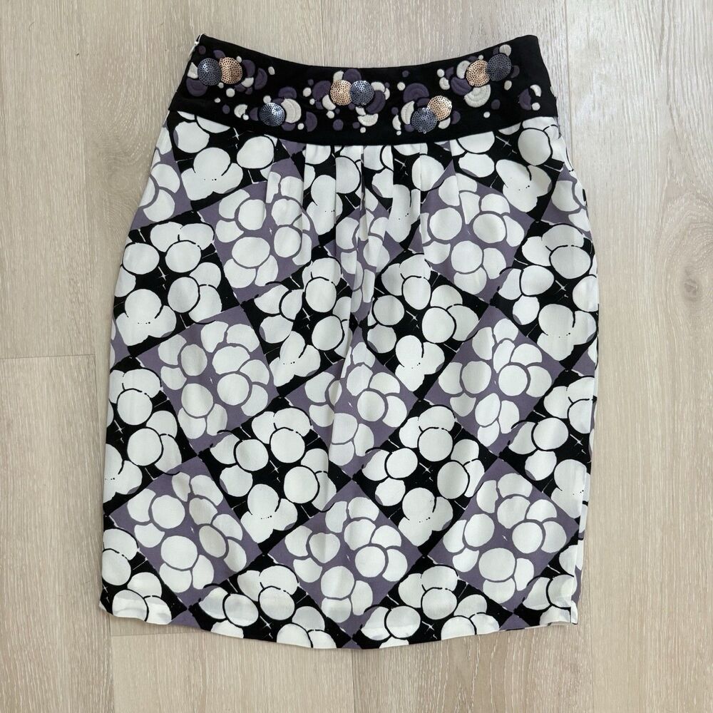 Anthropologie Floreat Silk Embroidered Sequin Ocean Mist Tulip Skirt Floral Sz 2